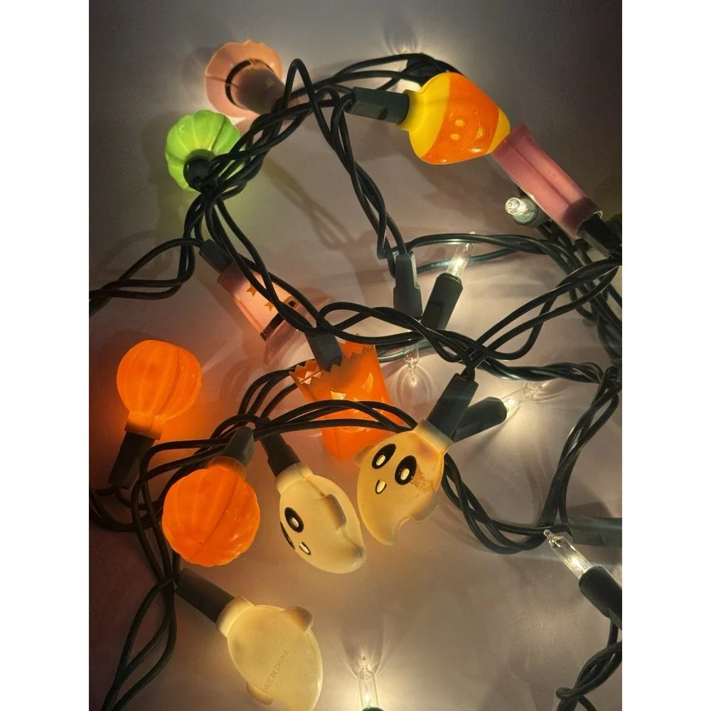 Vintage Halloween String Lights Ghost Pumpkin Witch Hat Candy Corn 9 Ft Tested